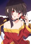  1girl :o absurdres bangs bare_shoulders black_headwear blush buckle collar collarbone commentary_request dress eyepatch eyepatch_removed hat highres holding kono_subarashii_sekai_ni_shukufuku_wo! long_sleeves looking_at_viewer megumin mousou_(mousou_temporary) off-shoulder_dress off_shoulder open_mouth red_dress red_eyes short_hair_with_long_locks sidelocks solo upper_body v-shaped_eyebrows witch_hat 