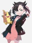  1girl :d :i absurdres asymmetrical_bangs bangs black_choker black_hair black_jacket black_nails choker closed_mouth collarbone commentary_request cowboy_shot dress eyebrows_behind_hair gen_8_pokemon grey_background hair_ribbon highres holding holding_poke_ball jacket kayanogura long_sleeves mary_(pokemon) morpeko nail_polish open_clothes open_jacket open_mouth pink_dress poke_ball poke_ball_(generic) pokemon pokemon_(creature) pokemon_(game) pokemon_swsh pout red_ribbon ribbon simple_background sleeves_past_wrists smile solo twintails upper_teeth v-shaped_eyebrows 