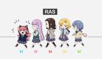  5girls :d ^_^ arm_up asahi_rokka bang_dream! bangs black_hair black_legwear blazer blonde_hair blue_eyes blue_hair blue_jacket blue_shirt blue_skirt bow bowtie cat_ear_headphones chibi chu2_(bang_dream!) clenched_hand closed_eyes clothes_around_waist collared_shirt emphasis_lines from_side glasses green_neckwear grey_background grey_jacket group_name hair_ornament hair_scrunchie hand_on_hip headphones hood hood_down hooded_jacket jacket jacket_around_waist kneehighs layer_(bang_dream!) long_hair long_sleeves masking_(bang_dream!) mizuya multicolored_hair multiple_girls necktie no_bangs open_mouth pareo_(bang_dream!) paw_print pink_hair plaid plaid_skirt pleated_skirt ponytail red_hair red_scrunchie scrunchie shirt short_hair sidelocks skirt sleeves_pushed_up smile striped striped_neckwear sweater sweater_vest twintails two-tone_hair unmoving_pattern walking yellow_eyes yellow_sweater 