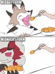  2017 ambiguous_gender canid canine chopsticks comic digital_media_(artwork) duo eating english_text eyes_closed feral fingers food fur lycanroc mammal midday_lycanroc midnight_lycanroc multicolored_body multicolored_fur nintendo open_mouth pok&eacute;mon pok&eacute;mon_(species) simple_background text video_games white_background winick-lim 