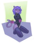  2019 anthro arms_bound bdsm bell blue_hair bondage bound clothing collar domestic_cat felid feline felis female fur grey_body grey_fur hair hi_res inner_ear_fluff kneeling legwear looking_at_viewer mammal pink_eyes poiuytrew ribbons rubber simple_background smile solo tail_bell tail_ribbon thigh_highs tuft ultrabondagefairy_(character) 