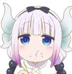  1girl bangs black_hairband blue_eyes blunt_bangs chopsticks ddak5843 dragon_girl dragon_horns eating eyebrows_visible_through_hair hairband horns kanna_kamui kobayashi-san_chi_no_maidragon lavender_hair long_hair simple_background slit_pupils solo upper_body white_background 