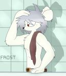  absurd_res albino anthro bathroom belt clothed clothing fur grey_hair hair hi_res light_theme luckyclau male mammal murid murine rat red_eyes rodent shadow simple_background solo topless white_body white_fur 