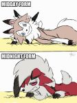  2017 ambiguous_gender annoyed blue_eyes canid canine comic digital_media_(artwork) feral fur lycanroc lying mammal midday_lycanroc midnight_lycanroc multicolored_body multicolored_fur nintendo pok&eacute;mon pok&eacute;mon_(species) simple_background solo video_games white_background winick-lim 