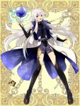  androgynous aqua_eyes belt black_footwear black_legwear boots breasts bridal_gauntlets full_body gold_trim hand_up kerberos_blade l_(matador) long_hair looking_at_viewer open_mouth orb small_breasts smile solo standing thigh_boots thighhighs very_long_hair white_hair 