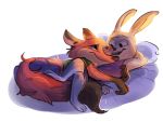  2018 4:3 ahappypichu-mod anthro barefoot canid canine clothed clothing cuddling dipstick_tail disney duo fox fully_clothed fur grey_body grey_fur hug judy_hopps lagomorph leporid light lighting mammal multicolored_tail nick_wilde orange_body orange_fur rabbit reclining red_fox simple_background white_background zootopia 