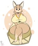 2019 anthro big_breasts blush breasts canid canine cleavage clothed clothing crate crossed_legs curvy_figure dress empty_eyes female fennec fox hi_res huge_breasts kingretrokirby mammal mouthless simple_background sitting solo super_animal_royale thick_thighs video_games voluptuous wide_hips 