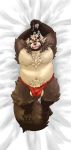  2019 absurd_res anthro asian_clothing balls belly brown_body brown_fur bulge canid canine clothing east_asian_clothing fundoshi fur goemon_(tas) hi_res humanoid_hands japanese_clothing lying male mammal moobs navel nipples overweight overweight_male raccoon_dog solo tanuki tokyo_afterschool_summoners underwear video_games yukikazefactory 