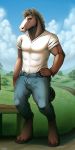  2018 5_fingers abs ambient_bird anthro avian barefoot bench biped bird blue_eyes bottomwear brown_body brown_fur bulge clothed clothing cloud conditional_dnp day detailed_background digital_drawing_(artwork) digital_media_(artwork) equid equine eyebrows fingers front_view full-length_portrait fur grass hand_on_hip hi_res hooves horse jeans looking_at_viewer male mammal mane muscular muscular_male outside pants pecs portrait ratte shirt signature sky solo standing three-quarter_view topwear tree tuft 