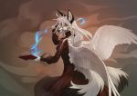  abstract_background anthro book canid canine clothed clothing dress eyewear feathered_wings feathers female fox fully_clothed fur glasses hair heterochromia hi_res looking_at_viewer magic mammal orphen-sirius solo white_body white_fur white_hair wings 