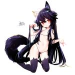  1girl ahoge animal_ear_fluff animal_ears bangs bare_shoulders bikini black_bikini black_hair black_legwear blush breasts closed_mouth collarbone commentary_request ejami eyebrows_behind_hair fox_ears fox_girl fox_tail full_body groin hair_between_eyes kneeling long_hair micro_bikini mole_on_thigh navel no_shoes original red_eyes signature simple_background small_breasts solo swimsuit tail thighhighs very_long_hair white_background 