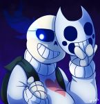  &lt;3 absurd_res animated_skeleton backpack blue_theme bone clothing cosmic-rust crossover glowing glowing_eyes hi_res mask off_(game) sans_(undertale) simple_background skeleton smile undead undertale video_games zacharie_(off) 