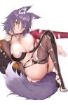  1girl aki_makoto animal_ear_fluff animal_ears ass bangs black_bra black_jacket black_legwear blush bra breasts cleavage cross high_heels highres jacket jacket_removed knees_up large_breasts legs mismatched_legwear parted_lips princess_connect! princess_connect!_re:dive purple_hair red_legwear short_hair solo tail thighhighs toes torn_clothes torn_legwear underwear wolf_ears wolf_girl wolf_tail yaman yellow_eyes 