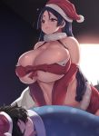  1boy 1girl bangs bare_shoulders blanket blush bow breasts cleavage closed_eyes closed_mouth curvy detached_collar detached_sleeves doorway english_commentary fate/grand_order fate_(series) fur_trim halterneck hat heart highres huge_breasts large_breasts long_hair lying minamoto_no_raikou_(fate/grand_order) moisture_(chichi) motherly on_side parted_bangs pink_lips purple_eyes purple_hair red_bow red_shorts santa_costume santa_hat shorts sleeping underboob very_long_hair white_bow younger 