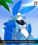  2016 anthro beach blue_body blue_fur breasts camera_view female fur hi_res hybrid lagomorph leporid looking_at_viewer mammal mostly_nude outside rabbit rodent sapphireliz scarf sciurid seaside shiloh snapchat solo summer text tree_squirrel water white_body white_fur 