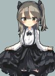  1girl bangs black_legwear black_neckwear black_ribbon black_skirt bow bowtie brown_eyes brown_hair casual closed_mouth collared_shirt commentary_request curtsey eyebrows_visible_through_hair frown gingerbullet girls_und_panzer grey_background hair_ribbon high-waist_skirt layered_skirt long_hair long_sleeves looking_at_viewer one_side_up ribbon shimada_arisu shirt simple_background skirt skirt_hold solo striped striped_legwear suspender_skirt suspenders thighhighs upper_body white_shirt 