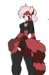  2019 ailurid black_clothing black_legwear black_nose blue_eyes breasts clothing crop_top faizenek female fluffy fluffy_tail fur grumpy hair hi_res legwear looking_at_viewer looking_back mammal medium_breasts midriff rear_view red_body red_fur red_panda ringtail shirt simple_background solo standing thigh_highs topwear white_background white_body white_fur white_hair 