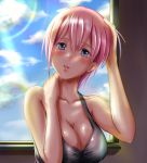 1girl absurdres adjusting_hair bangs bare_shoulders black_tank_top blue_eyes blue_sky blush breasts cleavage cloud collarbone go-toubun_no_hanayome hand_on_own_neck highres large_breasts lens_flare looking_at_viewer nakano_ichika parted_lips pink_hair short_hair sky sun tank_top user_amwg5747 window 