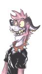  2019 anthro clothed clothing collar fangs front_view frown fur hair hi_res hyaenid jewelry krolik male mammal multicolored_body multicolored_fur piercing pink_body pink_fur pose sharp_teeth signature solo solo_focus spiked_collar spikes teeth traditional_media_(artwork) two_tone_body two_tone_fur 