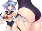  1girl :o animal_ears ass bare_arms bat_wings blue_hair blue_swimsuit breasts brown_blouse cat_ears covered_navel cowboy_shot crop_top crop_top_overhang eyebrows_visible_through_hair kemonomimi_mode looking_at_viewer lower_body multiple_views neckerchief old_school_swimsuit one-piece_swimsuit red_eyes red_neckwear remilia_scarlet school_swimsuit school_uniform serafuku short_hair short_sleeves simple_background skindentation small_breasts sudako_(dai011305) swimsuit swimsuit_under_clothes thighhighs touhou white_background white_legwear wings 