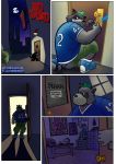  2007 anthro bottomwear caesarcub clothing comic detailed_background lilpiggyboy male mammal night outside overweight overweight_male procyonid raccoon shirt shorts text topwear 