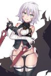  1girl ass_visible_through_thighs bandaged_arm bandaged_hand bandages dual_wielding facial_scar fate/apocrypha fate/grand_order fate_(series) fingerless_gloves gloves green_eyes grey_hair groin highres holding jack_the_ripper_(fate/apocrypha) knife orochi_itto scar scar_across_eye short_hair smile solo thighhighs thighs white_background 
