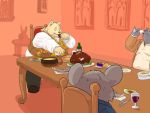  4:3 alcohol anthro belly beverage big_belly bread canid canine canis chair claws clothed clothing cutlery double_chin drinking eating feast food fur furniture grey_body grey_fur grin group hair holding_food holding_object inside kitchen_knife kitchen_utensils knife male mammal meat moobs murid murine obese obese_male overweight overweight_male pie plate ponytail rat rodent salad sitting smile table tan_body tan_fur tools wine wine_glass wolf yo_bigbear 