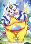  2019 anthro balls belly better_version_at_source blush bodily_fluids cum digimon digimon_(species) gabumon genital_fluids hi_res humanoid_hands male moobs nipples overweight overweight_male penis rodemaru small_penis solo 