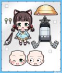  1girl :3 :d ;d animal_ears azur_lane bangs blue_border blue_shirt blunt_bangs blush blush_stickers border brown_hair candy cat_ears character_doll character_name chibi commentary_request copyright_name eyebrows_behind_hair fangs faux_figurine figure food hat hat_removed headwear_removed kindergarten_uniform kurono lifebuoy lollipop low_twintails mutsuki_(azur_lane) mutsuki_face neckerchief nendoroid one_eye_closed open_mouth parody rigging sailor_collar school_hat shirt short_hair sidelocks skirt smile tail torpedo_tubes toy twintails twitter_username yellow_neckwear yellow_skirt 