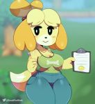  absurd_res animal_crossing anthro big_breasts bottomwear breasts canid canine canis cleavage clipboard clothed clothing domestic_dog female hi_res isabelle_(animal_crossing) jeans lemon looking_at_viewer mammal nintendo pants pencil_(disambiguation) shirt solo somescrub tank_top thick_thighs topwear video_games wide_hips 