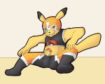  altenusy anthro balls_outline clothed clothing cosplay_pikachu_(costume) costume crop_top erection hi_res humanoid_penis male mask nintendo penis pikachu pikachu_libre pok&eacute;mon pok&eacute;mon_(species) shirt thick_thighs tight_clothing topwear video_games 