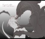  alien alien_(franchise) claws dragon duo excessive_saliva extreme_french_kiss eyes_closed feral feral_on_feral french_kissing fur furred_dragon gigren_(artist) greyscale hi_res horn hybrid internal kissing long_tongue male male/male monochrome open_mouth sharp_teeth teeth tongue xenomorph 