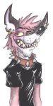  2019 anthro clothed clothing collar fangs front_view fur grin hair hi_res hyaenid jewelry krolik male mammal multicolored_body multicolored_fur piercing pink_body pink_fur pose sharp_teeth signature smile solo solo_focus spiked_collar spikes teeth traditional_media_(artwork) two_tone_body two_tone_fur 