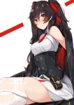  1girl bangs black_hair black_jacket blush breasts brown_eyes brown_hair cleavage_cutout closed_mouth collared_shirt commentary_request corset crossed_legs double-breasted eyebrows_visible_through_hair girls_frontline gloves hair_between_eyes hair_ribbon jacket long_hair looking_at_viewer medium_breasts nanakaku necktie off_shoulder pleated_skirt qbz-97_(girls_frontline) red_neckwear red_ribbon ribbon shirt sidelocks simple_background sitting skirt sleeveless sleeveless_shirt smile solo thighhighs twintails underbust very_long_hair white_background white_legwear white_shirt 