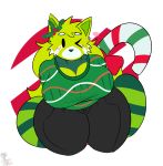  &lt;3 2019 ailurid anthro big_breasts blush bottomwear breasts candy candy_cane christmas clothing curvy_figure empty_eyes food fur green_body green_fur hi_res holidays holly_(plant) huge_breasts kingretrokirby mammal mouthless obese one_eye_closed overweight pants plant red_panda simple_background solo super_animal_royale thick_thighs video_games voluptuous wink 