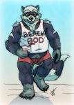  2019 anthro belly bottomwear clothing eyewear humanoid_hands lukoi male mammal overweight overweight_male procyonid raccoon shirt shorts solo sunglasses topwear 