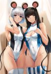  2girls absurdres animal_ears bangs black_hair blue_eyes blunt_bangs blurry breasts cleavage_cutout competition_swimsuit covered_navel depth_of_field green_eyes highleg highleg_swimsuit highres huge_filesize large_breasts long_hair looking_at_viewer medium_breasts mouse_ears mouse_tail multiple_girls nikek96 one-piece_swimsuit original parted_lips short_hair silver_hair striped striped_legwear swimsuit tail thighhighs turtleneck white_legwear 