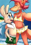  absurd_res beach bottomwear canid canine clothing female fox hare hi_res lagomorph leporid male mammal nu pogodi rabbit sea seaside selfie shorts swimming swimming_trunks swimwear water young zayats 