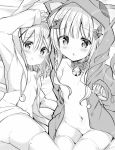  2girls :o animal_ears animal_hood arm_up bangs bed_sheet bell bell_collar blush bow breasts cat_hood collar collarbone comic_cune drawstring eyebrows_visible_through_hair fake_animal_ears groin hair_between_eyes hair_bow hair_censor hair_ornament hair_over_breasts highres hood hood_up hooded_jacket jacket jingle_bell kurou_(quadruple_zero) long_hair long_sleeves looking_at_viewer lying multiple_girls naked_coat navel on_side open_clothes open_jacket original parted_lips pillow pom_pom_(clothes) skindentation sleeves_past_wrists small_breasts thighhighs x_hair_ornament 