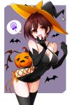  :d bare_shoulders bat black_gloves black_headwear black_legwear bow breasts brown_eyes brown_hair candy cleavage elbow_gloves food gloves hair_between_eyes hand_on_own_chin hand_up hat jack-o&#039;-lantern leaning_forward lollipop navel open_mouth orange_bow short_hair smile thighhighs virtual_youtuber witch_hat yodare_(3yami8) 