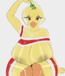  2019 anthro avian beak big_breasts bird breasts canary christmas female half-closed_eyes hi_res holidays huge_breasts looking_at_viewer mistletoe narrowed_eyes nipples plant sitting solo thousandfoldfeathers vanilla_(canary) wide_hips 