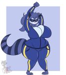  2019 anthro big_breasts big_butt blue_body blue_fur breasts butt cleavage clothed clothing curvy_figure female fur hair hi_res huge_breasts huge_butt kingretrokirby mammal mouthless obese overweight ponytail procyonid raccoon simple_background solo stretching super_animal_royale thick_thighs tracksuit video_games voluptuous wide_hips 