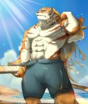  2019 abs avian beach biceps biped bottomwear clothed clothing detailed_background dogesleepless duo feathers felid fur green_eyes hair hi_res holding_object horn humanoid_hands long_hair male mammal multicolored_body multicolored_feathers multicolored_fur muscular muscular_male orange_body orange_feather orange_fur pang pantherine pecs puggi sdorica sdorica_sunset sea seaside striped_body striped_fur striped_tail stripes sun tiger topless two_tone_body two_tone_feathers two_tone_fur water white_body white_fur 