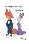  2017 absurd_res anthro bare_shoulders barefoot black_tie_(suit) bow_tie byron_howard canid canine clothed clothing dialogue dipstick_ears disney dress duo english_text female fox green_eyes hi_res holding_object inner_ear_fluff jewelry judy_hopps lagomorph leporid looking_back mammal multicolored_ears necklace nick_wilde purple_eyes purse rabbit red_fox simple_background size_difference smile suit text tuft white_background zootopia 
