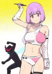  1girl alexis_kerib breasts closed_mouth commentary_request cosplay crop_top highres lavender_hair looking_at_viewer midriff navel oldschool shinjou_akane short_hair shorts smile ssss.gridman stomach ueyama_michirou wingman yume_aoi yume_aoi_(cosplay) 