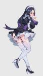  1girl alternate_costume ass bangs black_dress black_panties blush bow breasts dress enmaided fate/grand_order fate_(series) garter_straps high_heels highres large_breasts long_hair long_sleeves looking_at_viewer looking_back low-tied_long_hair maid maid_headdress minamoto_no_raikou_(fate/grand_order) olys open_mouth panties pantyshot pantyshot_(standing) parted_bangs puffy_long_sleeves puffy_sleeves purple_bow purple_eyes purple_hair simple_background skirt standing standing_on_one_leg sweatdrop thighhighs thighs underbust underwear very_long_hair wavy_mouth white_legwear white_skirt 