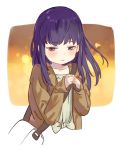  1girl bag blush brown_jacket handbag hands_together hands_up high_score_girl jacket long_hair okishiji_en oono_akira purple_eyes purple_hair shirt simple_background solo upper_body white_shirt 