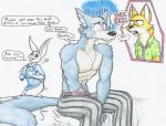  &lt;3 2019 5_fingers absurd_res anthro bandage beastars bed belt black_eye_(disambiguation) black_nose blue_body blue_fur bodily_fluids bottomwear bruised canid canine canis clothed clothing dialogue disney english_text female fingers flicker-show fox fur furniture green_eyes haru_(beastars) hi_res humor lagomorph larger_male legoshi_(beastars) leporid male mammal motion_lines multicolored_body multicolored_fur necktie nick_wilde open_mouth open_smile pants purple_eyes rabbit red_body red_fur simple_background sitting size_difference smaller_female smile standing sweat sweatdrop text white_body white_fur wolf zootopia 