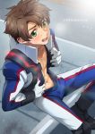  1boy black_footwear blush boots buddy_complex bulge highres looking_at_viewer open_clothes open_mouth pilot_suit pubic_hair sitting smile solo sweat takamiya_mizuki twitter_username undressing unzipped watase_aoba 