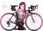  1girl bicycle black_legwear blush breasts closed_mouth commentary_request full_body gradient ground_vehicle hair_behind_ear hair_between_eyes hair_ornament hairclip half_updo hand_in_hair hand_on_ear head_tilt huyukaaki jacket kneeling long_hair long_sleeves looking_at_viewer love_live! love_live!_school_idol_project love_live!_sunshine!! miniskirt pantyhose pink_skirt plaid pleated_skirt red_hair sakurauchi_riko shoes skirt skirt_set small_breasts smile sneakers solo white_background yellow_eyes 